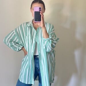 Oversized The Boyfriend Shirt Striped Green Long Sleeve Button Down XL